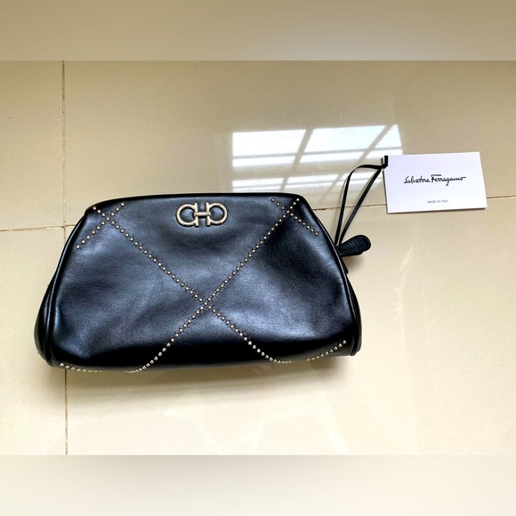 100% Authentic NWT‼️ Salvatore Ferragamo Gancini Mini Leather Clutch with Studs - Picture 1 of 11